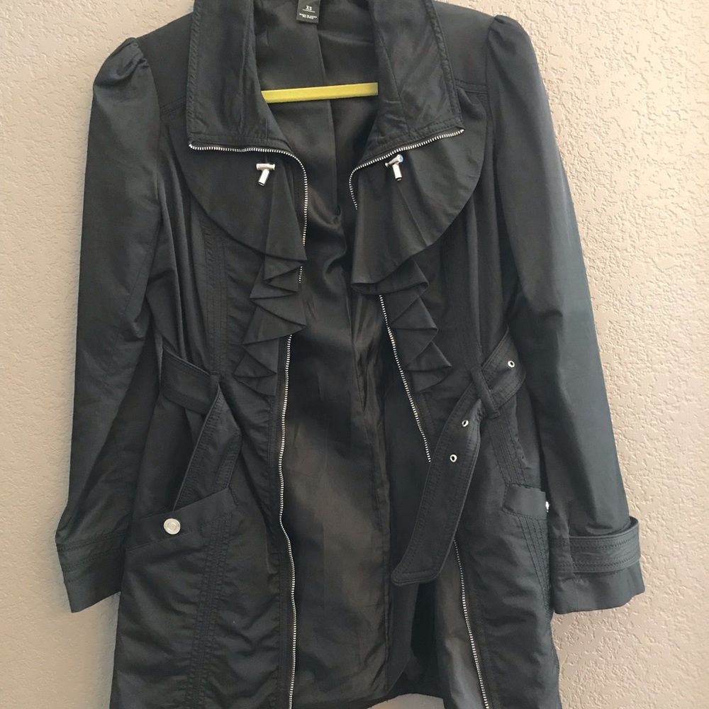 White House Black Market Black Satin Ruffle Coat